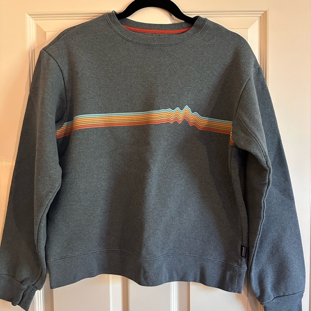 Patagonia Gray Crewneck Sweater with Colorful Stripe